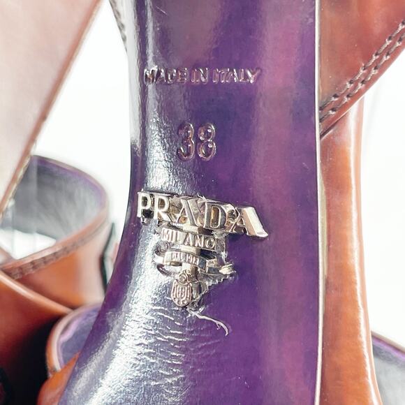 Prada Tobacco Brown Leather Floral Platform Ankle Strap High Heel Sandals IT 38 - Picture 13 of 14
